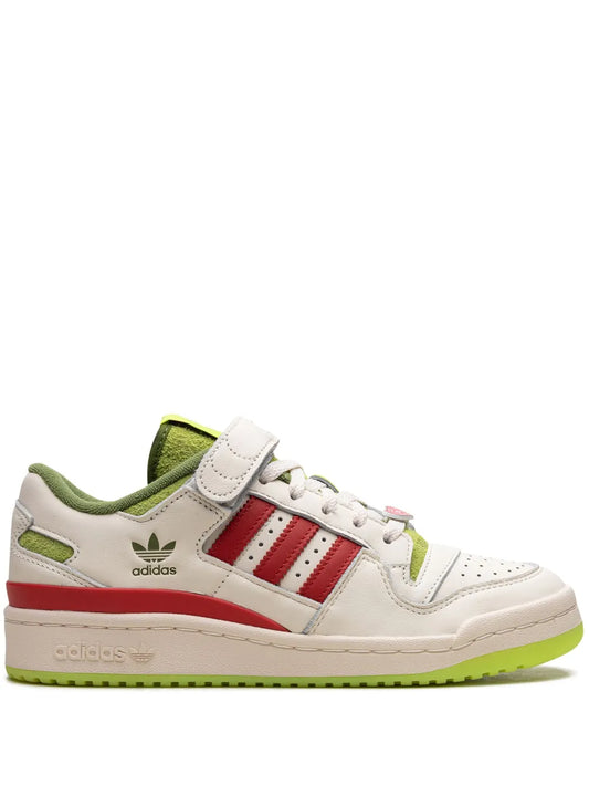 adidas white low-top lace-up trainers with red and green stripes, lime outsole