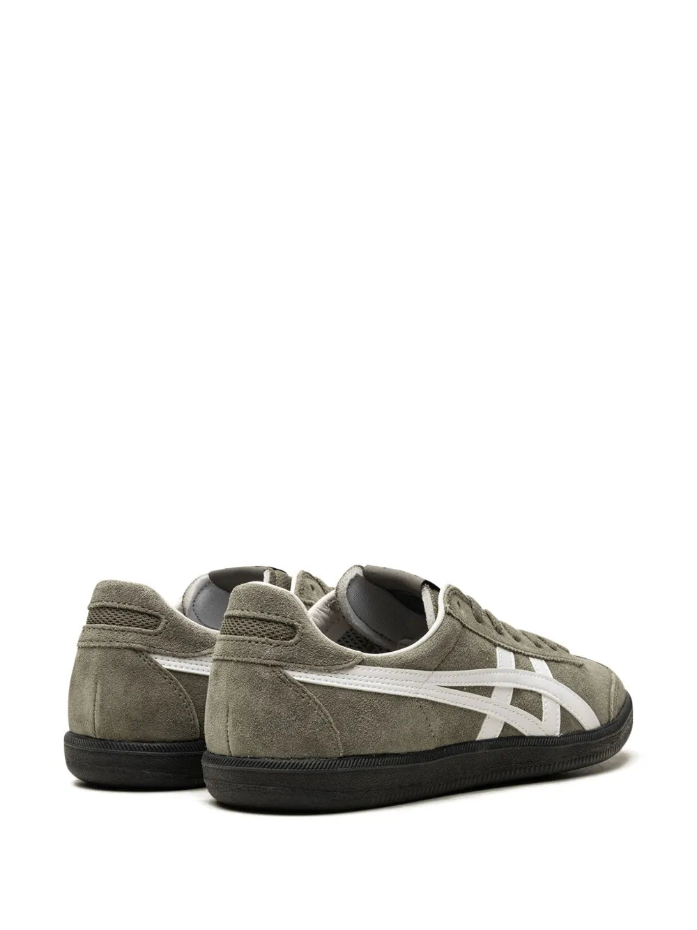 Olive-gray suede sneakers with white stripes; rear view with heel tab