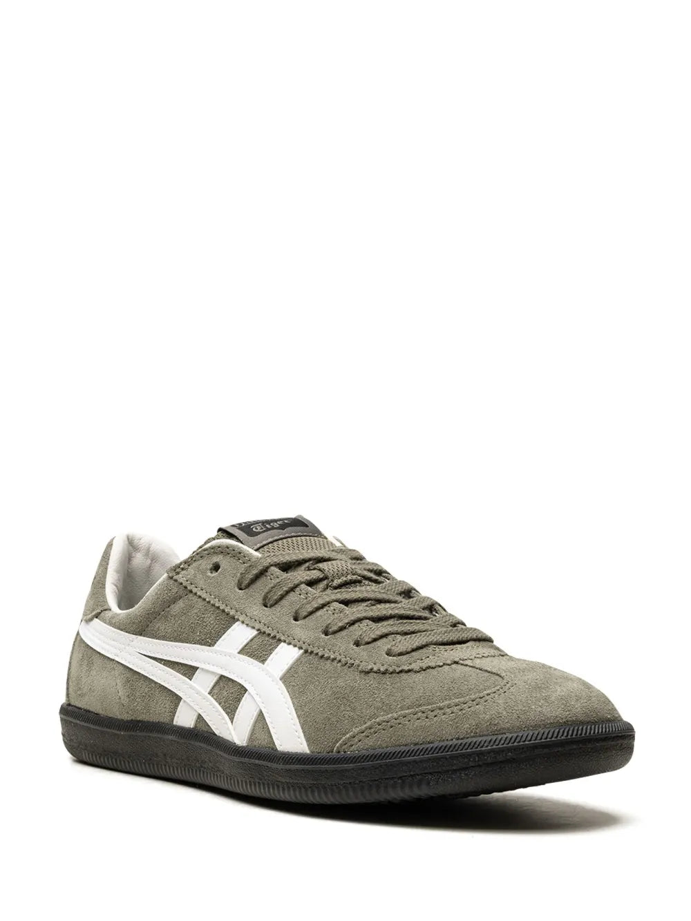 Suede sneakers with white cross stripes, olive-gray, lace-up design
