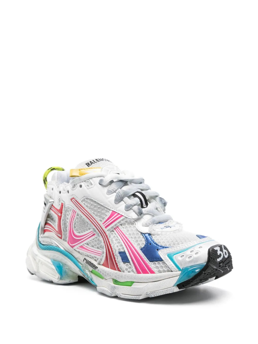 Runner sneaker, white upper with pink stripes, red logo, blue toe and teal outsole