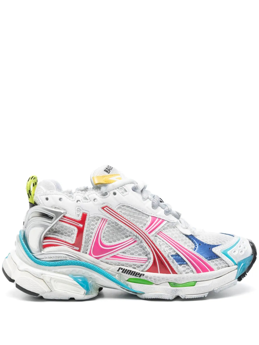 Balenciaga runner sneaker, white mesh with pink/blue stripes and neon green lace loop