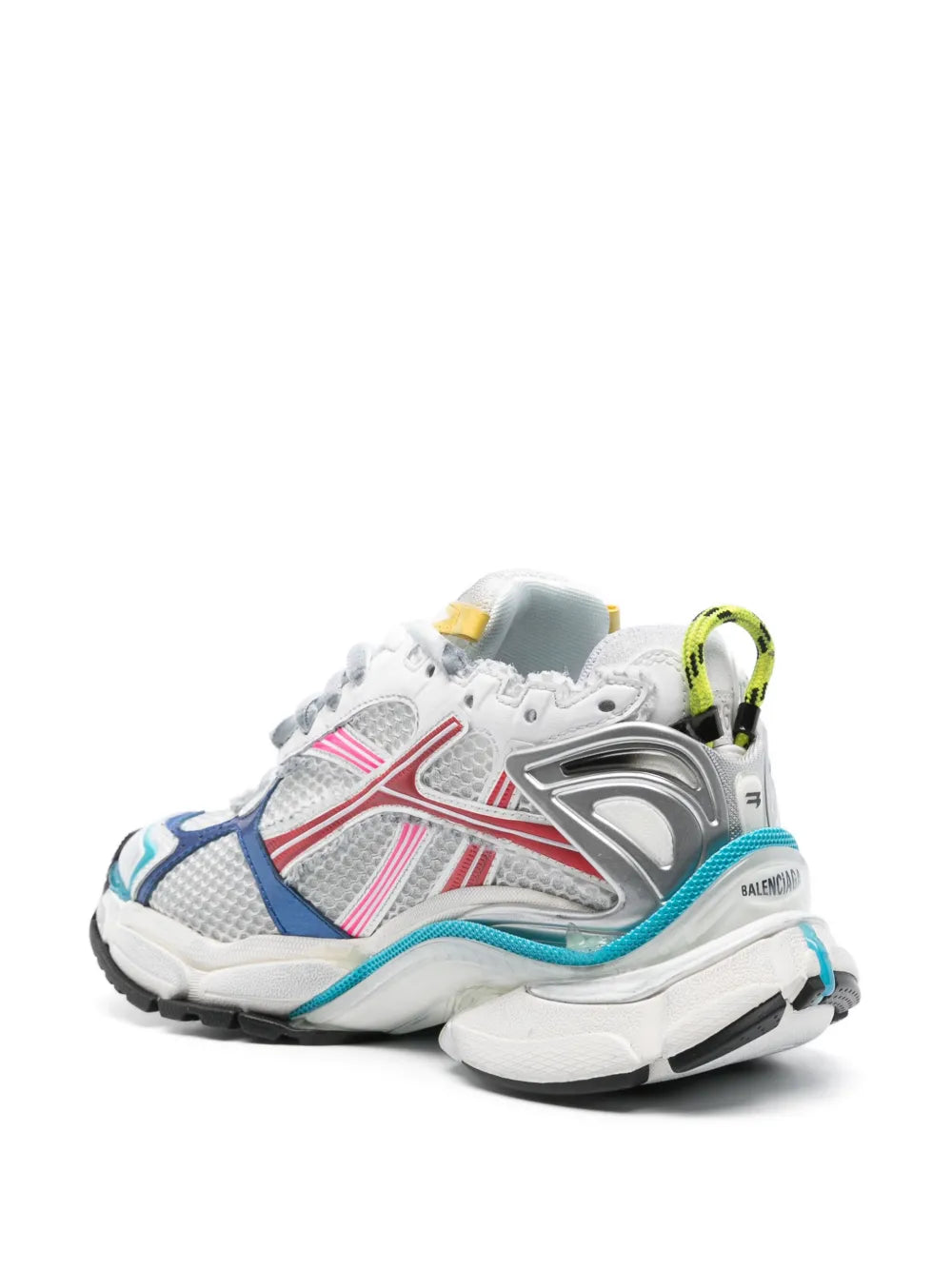 Runner sneaker rear view, white upper with blue heel panel, pink accents, neon pull tab