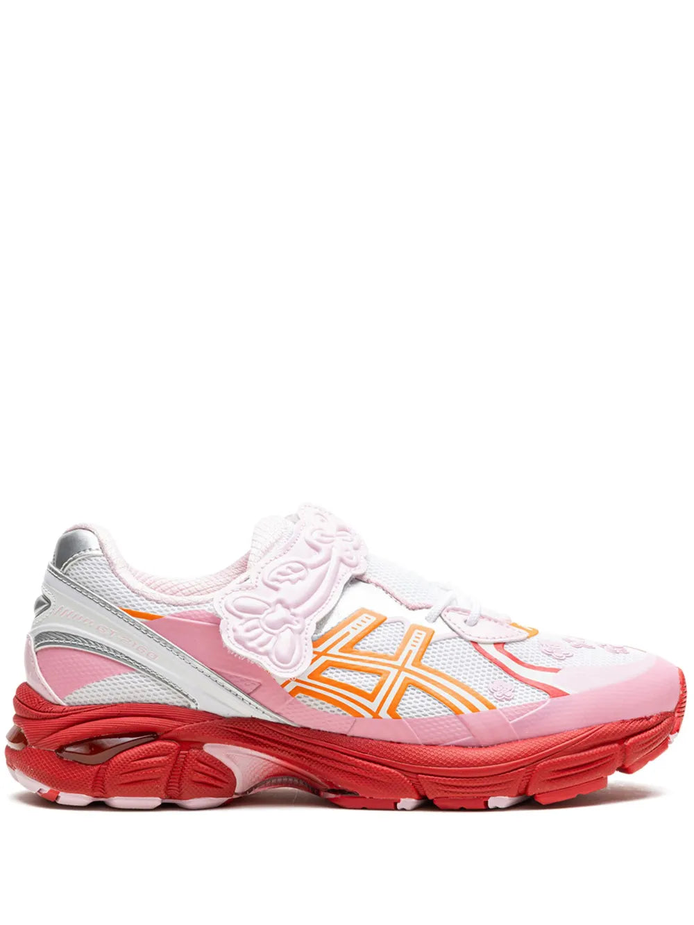 Pink, white and orange low-top running sneaker with lace-up closure and chunky sole