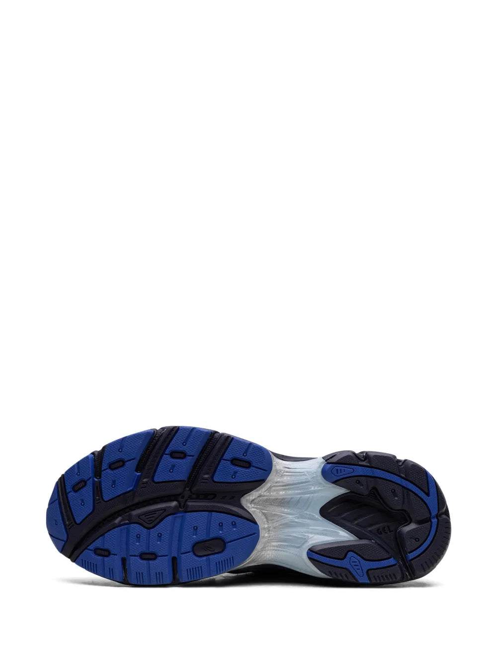 Outsole of gray and blue running sneakers with blue traction pods and black tread edges