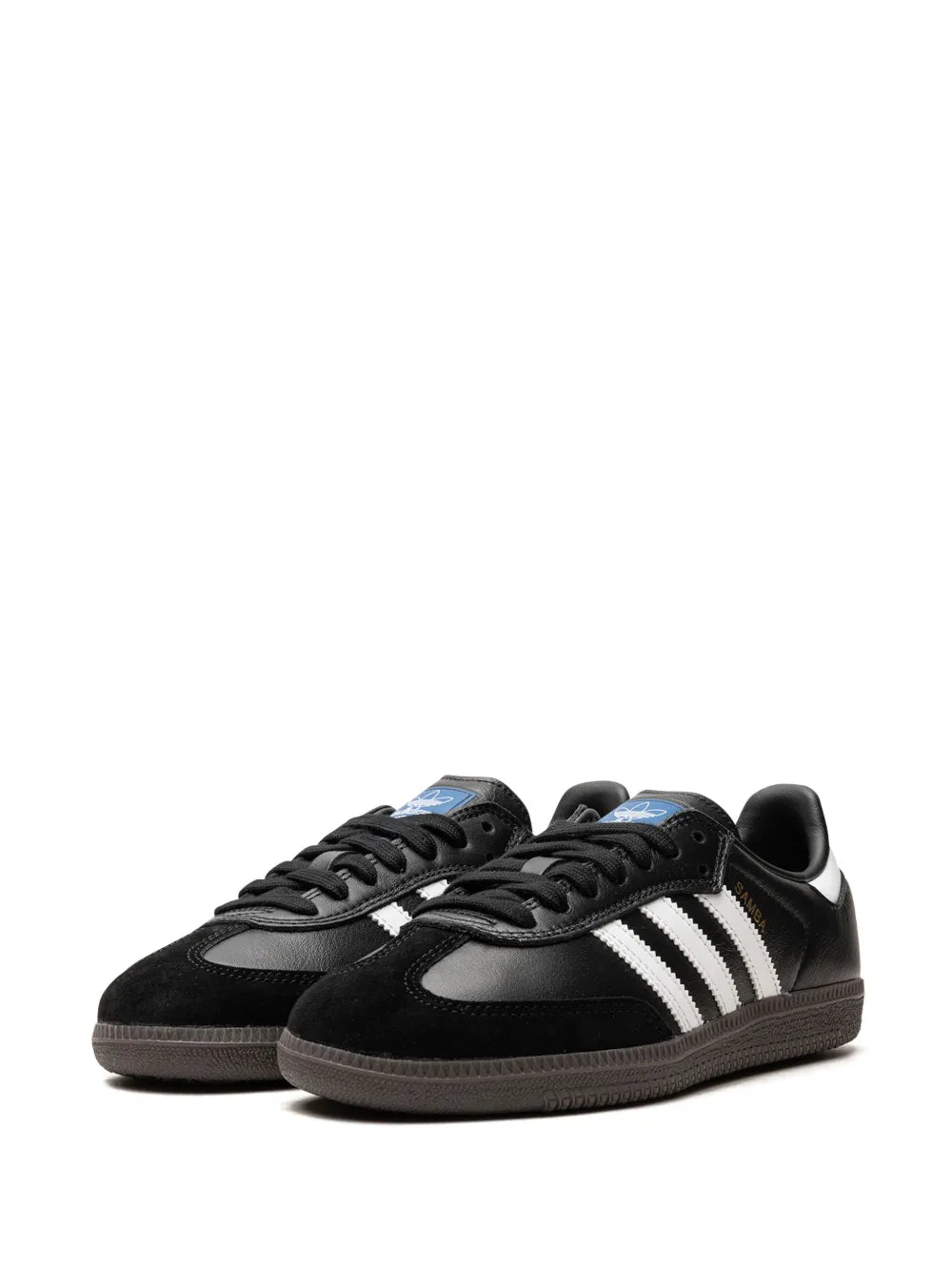 Black low-top sneakers with white triple stripes, pair shown side-by-side