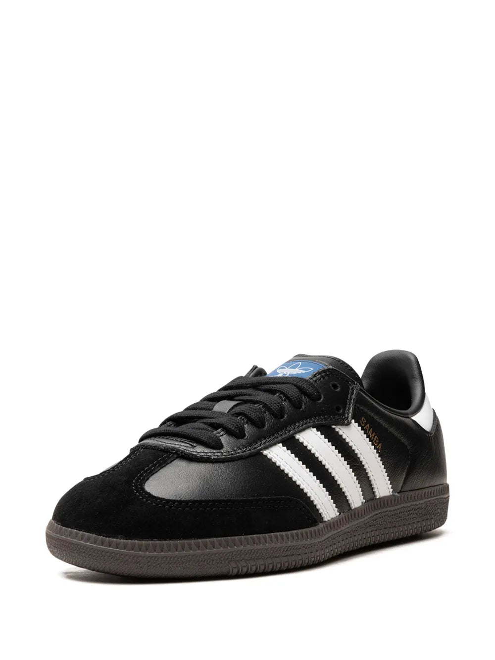 Black low-top sneakers with white triple stripes and lace-up front