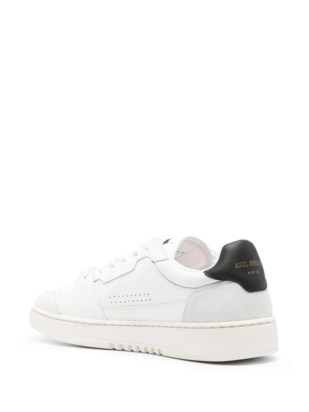 White leather low-top sneakers with black collar and branded heel tab