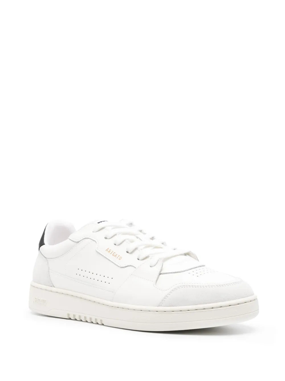 White leather low-top sneakers with perforated toe and black heel detail