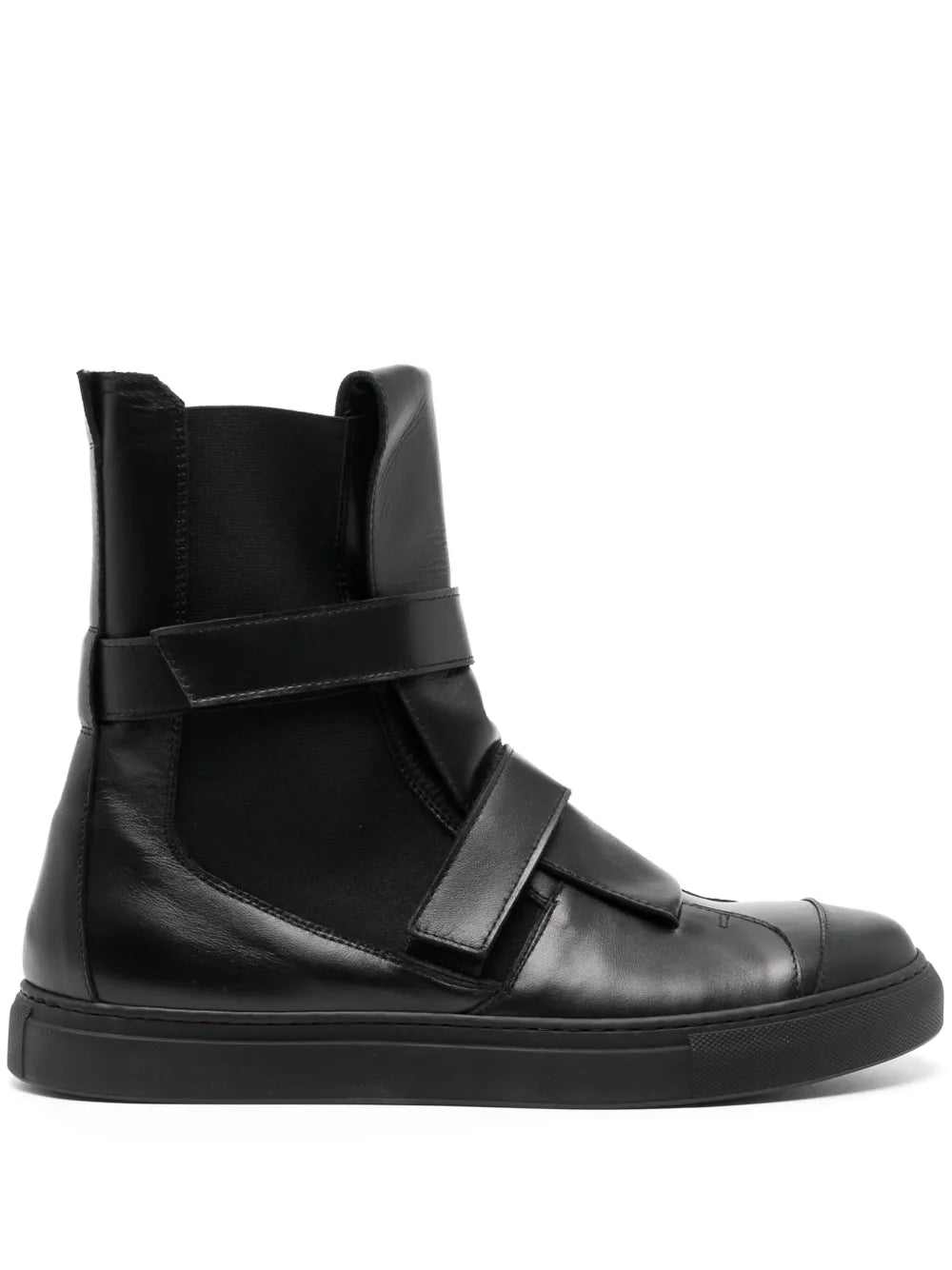 Black leather high-top sneakers with touch strap across the front and side panels