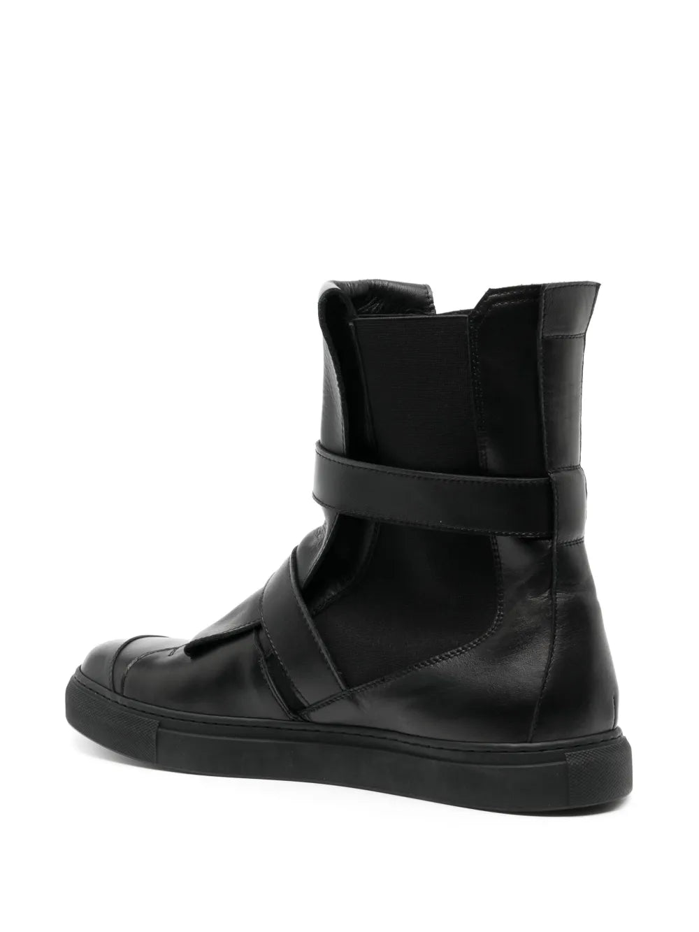 Black leather high-top sneaker, side view, with touch-strap closure and cushioned lining