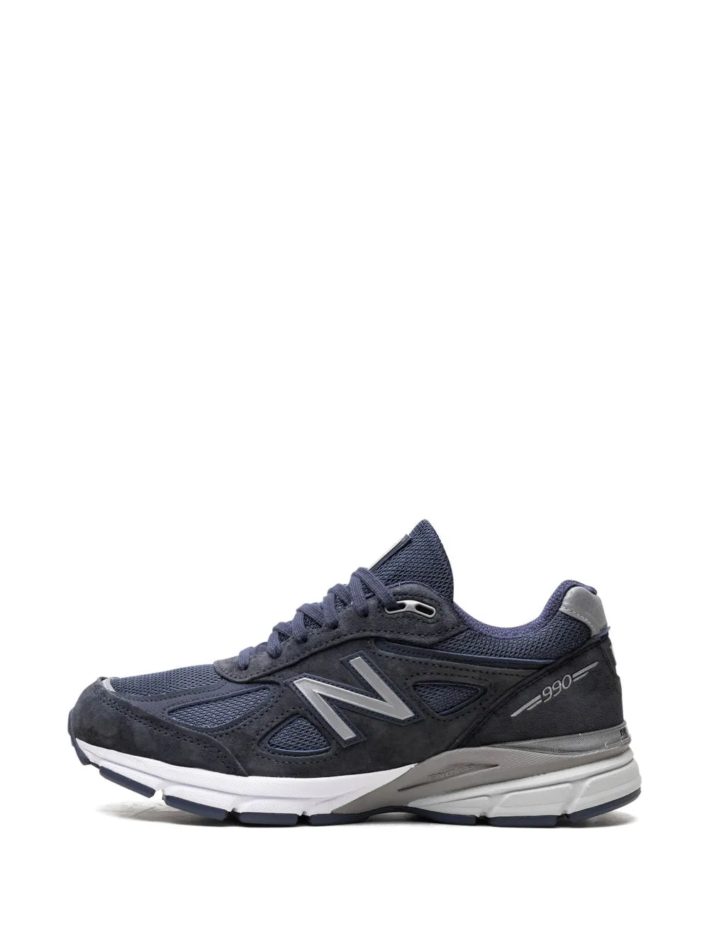 Navy 990V4 lace-up sneakers with N logo and white midsole cushioning