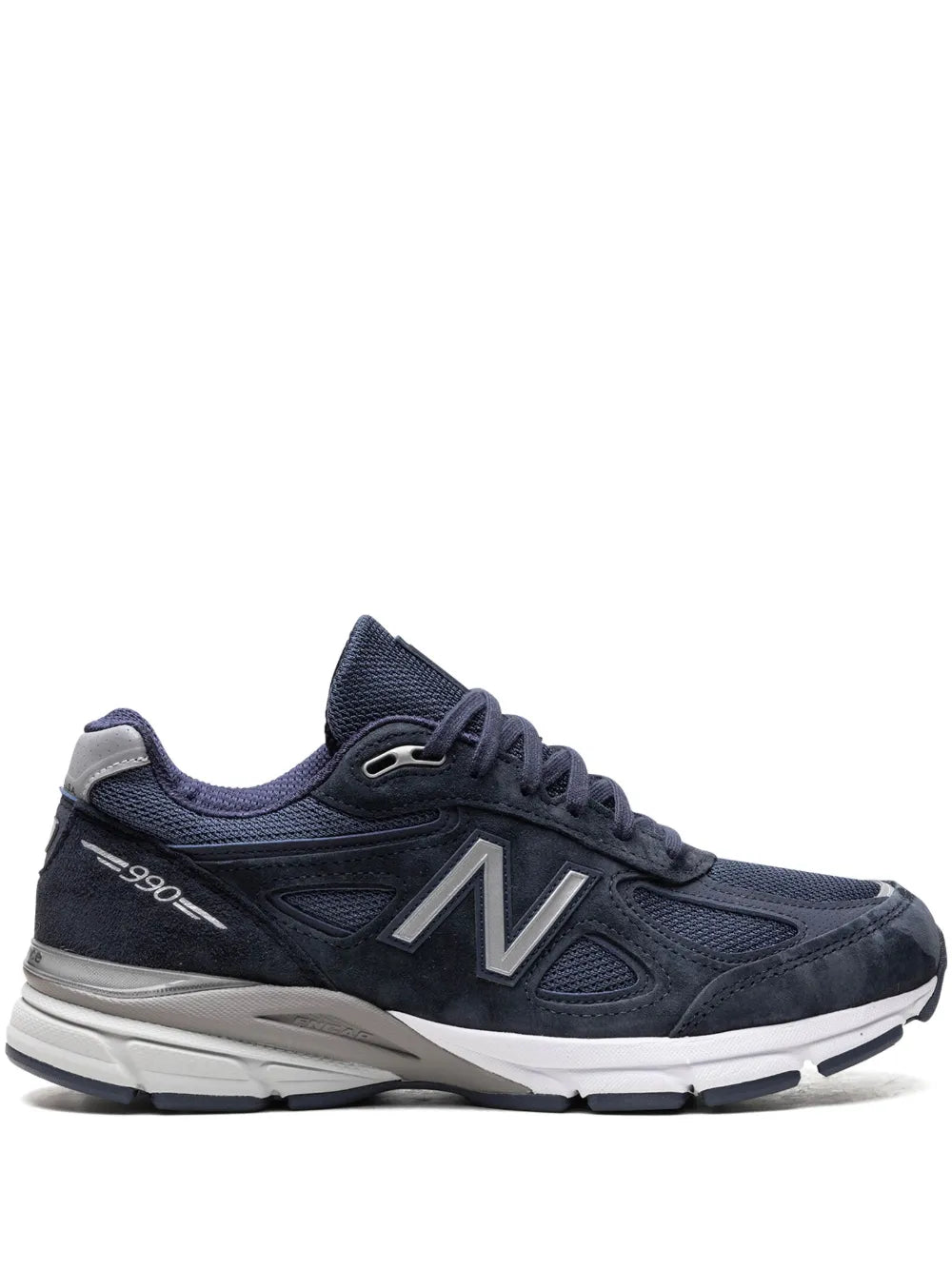Navy 990V4 sneakers with N logo, lace-up, and white/gray midsole