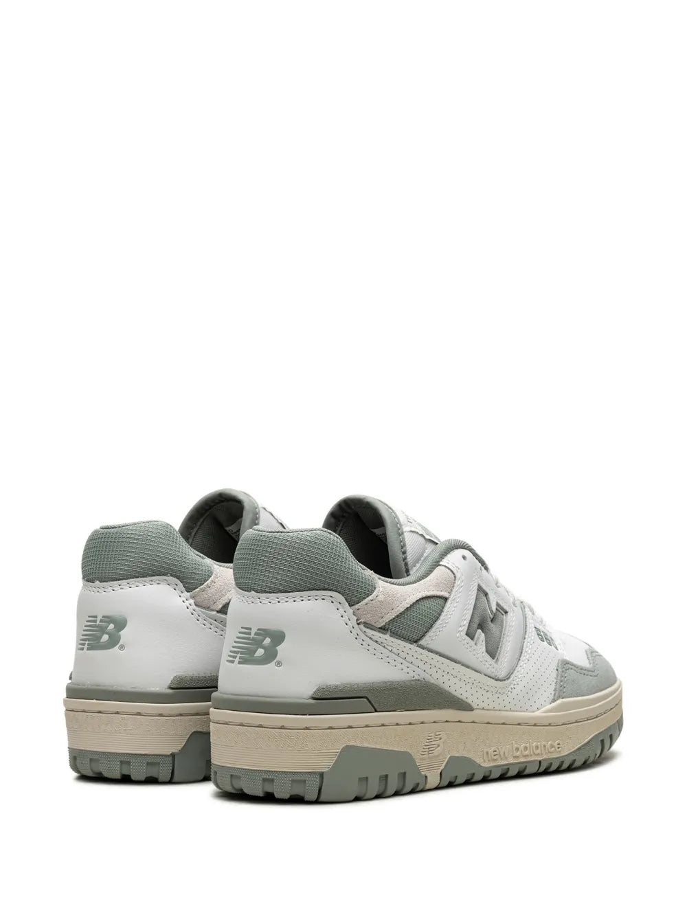 New Balance 550 sneakers, heel and toe view; white upper with seafoam green trim
