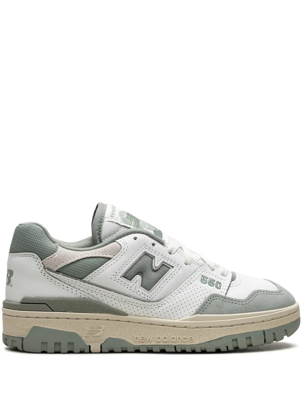 New Balance 550 low-top sneakers, white with seafoam green accents, lace-up