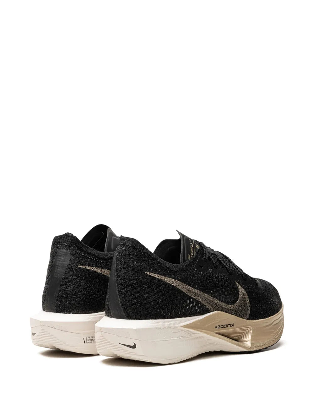 Nike Zoomx Vaporfly Next% 3 black running shoes, gold swoosh, beige soles