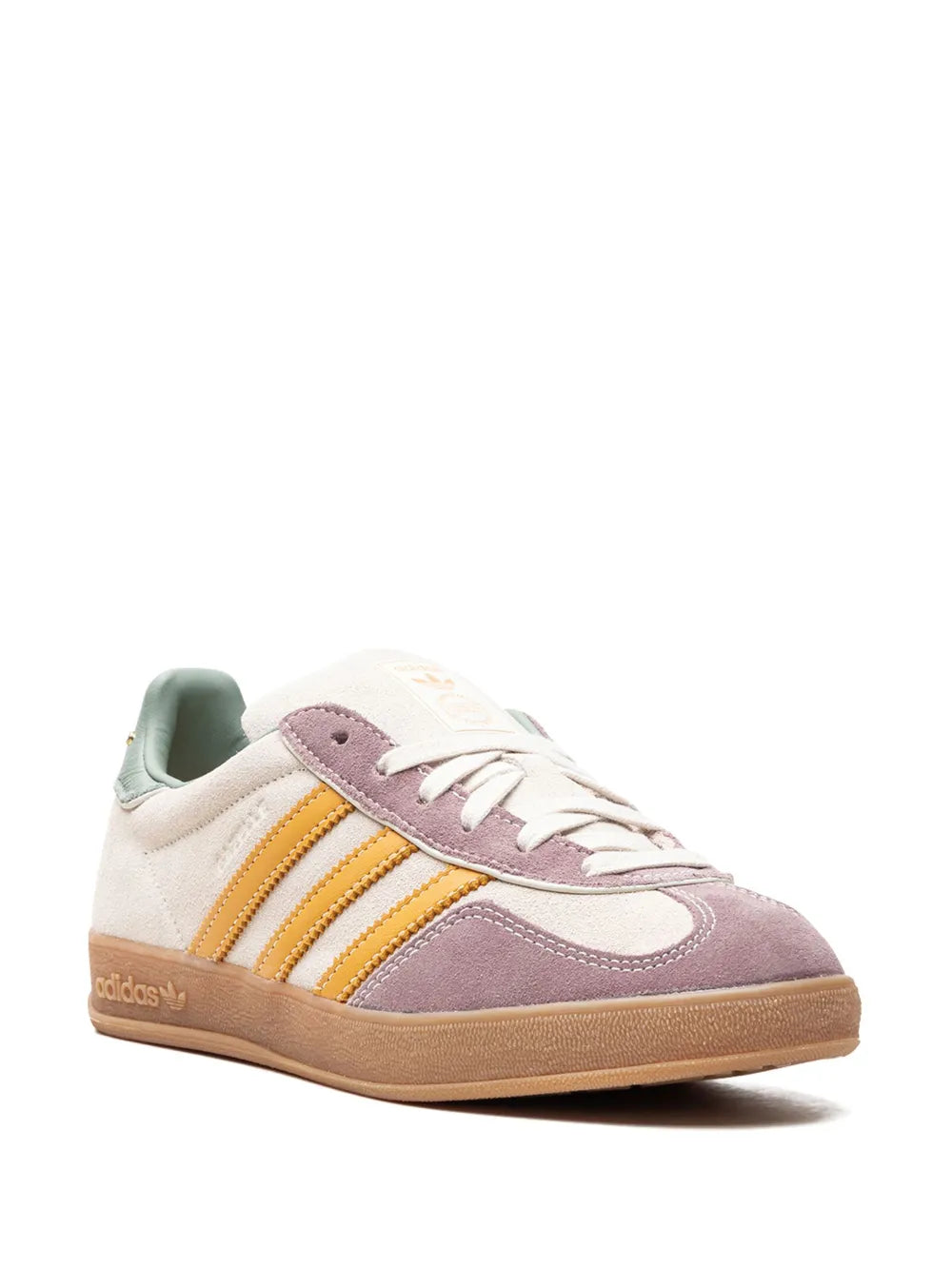 Low-top adidas sneakers in beige and lavender with gold stripes and mint collar