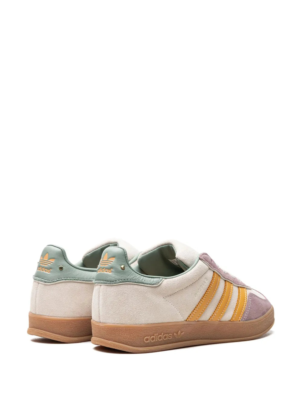 Back view of beige, lavender and gold low-top sneakers with mint collar and gum sole