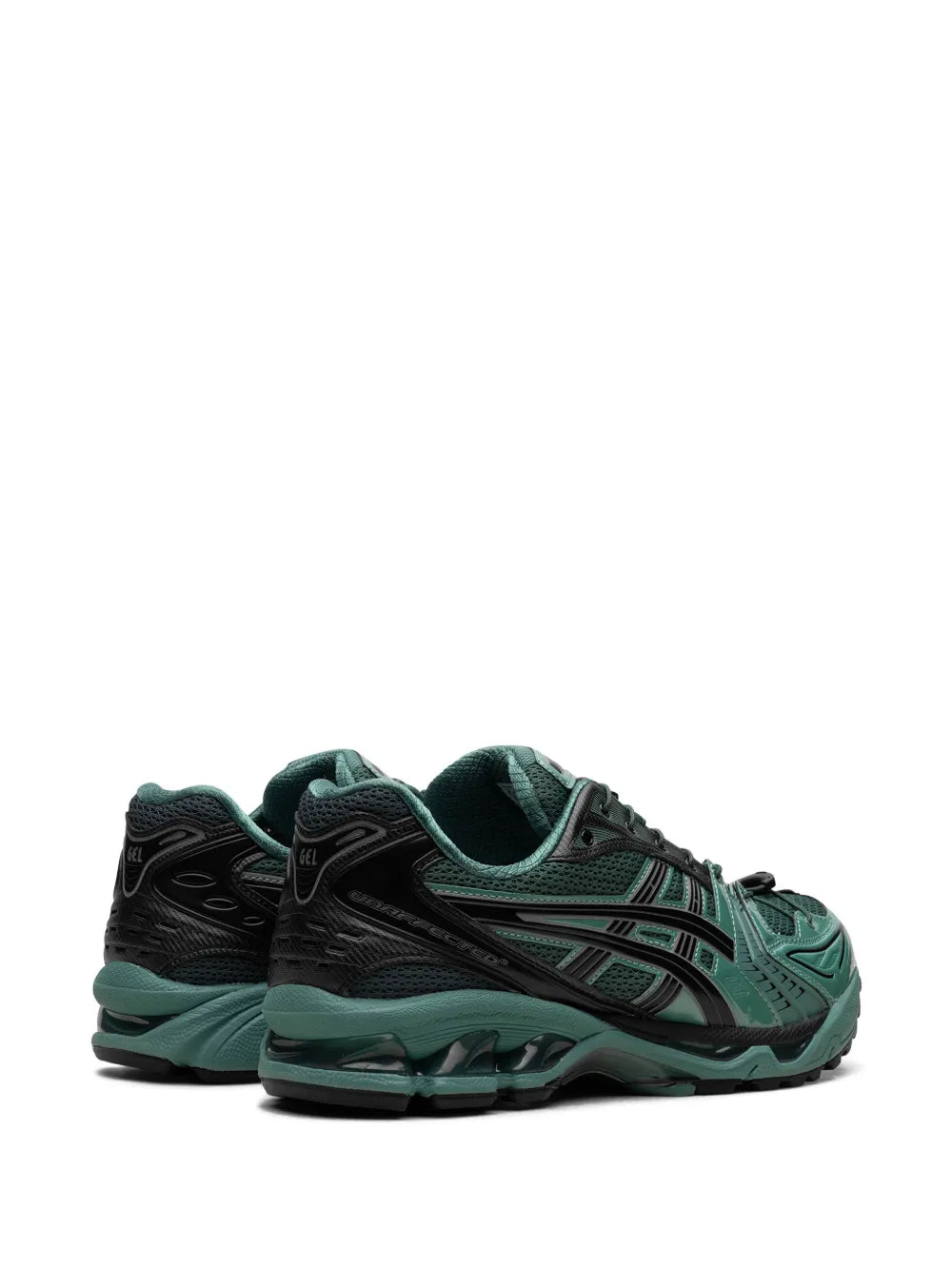ASICS Gel-Kayano 14 sneakers, back/side view, green with black heel panel