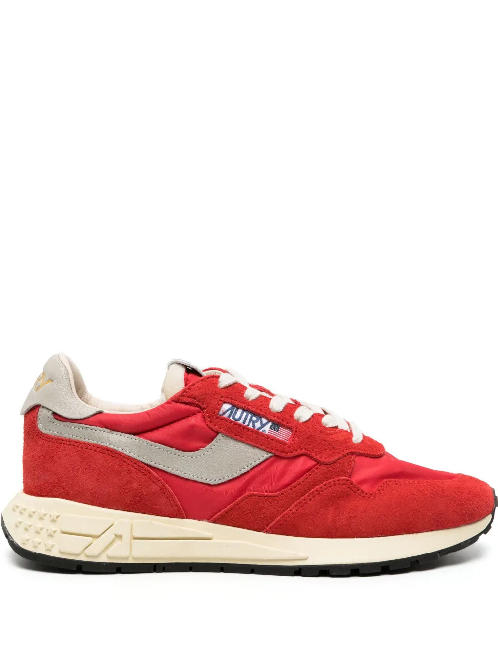 Red suede lace-up sneakers with light gray side panel and cream chunky sole