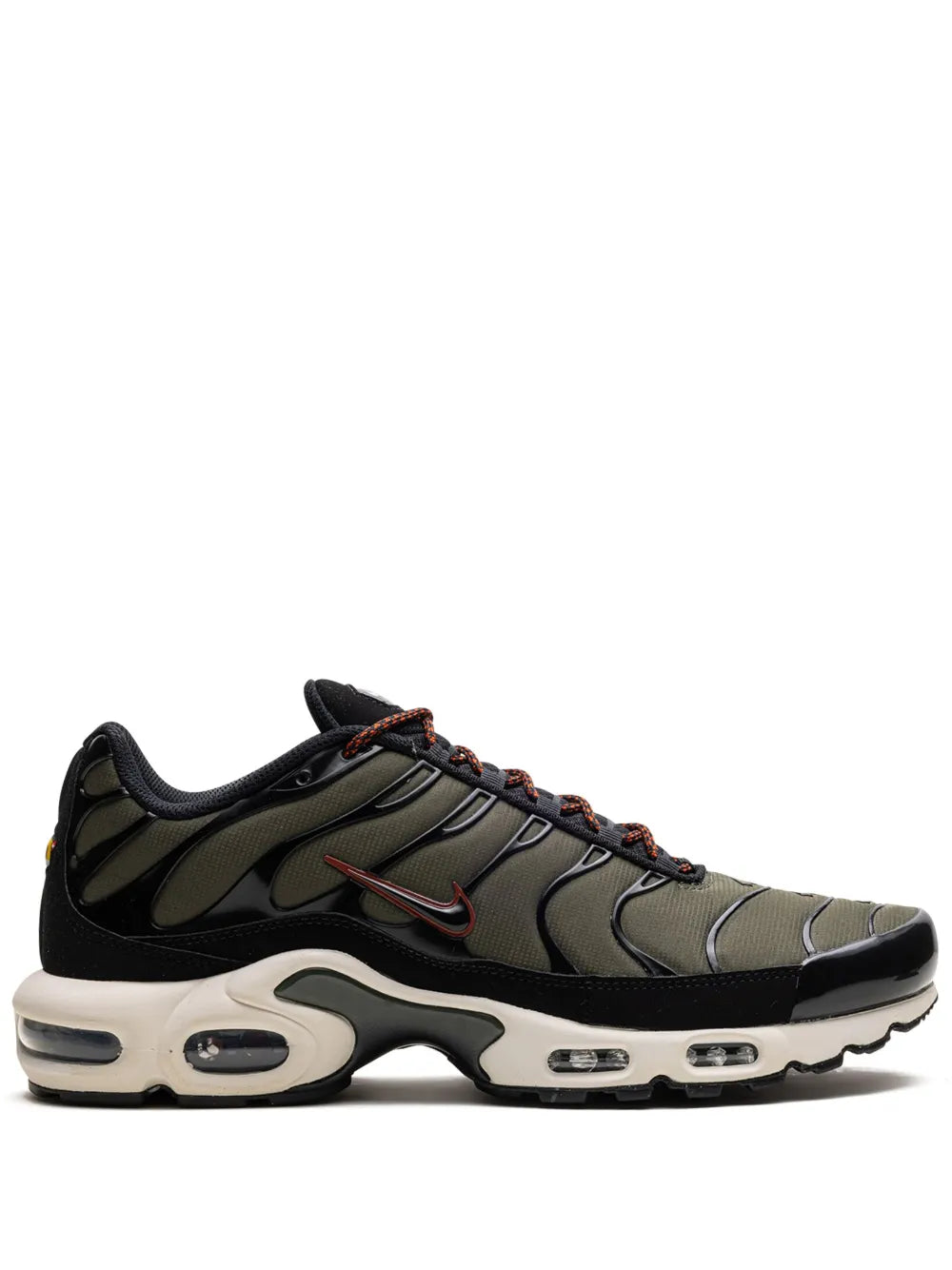 Low-top sneakers with black and olive mesh panels, red Swoosh, Air-cushioned sole