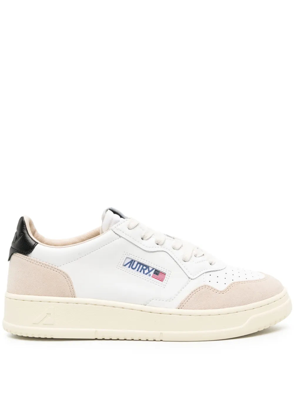 Autry beige leather low-top sneaker with white upper, lace-up, side logo patch