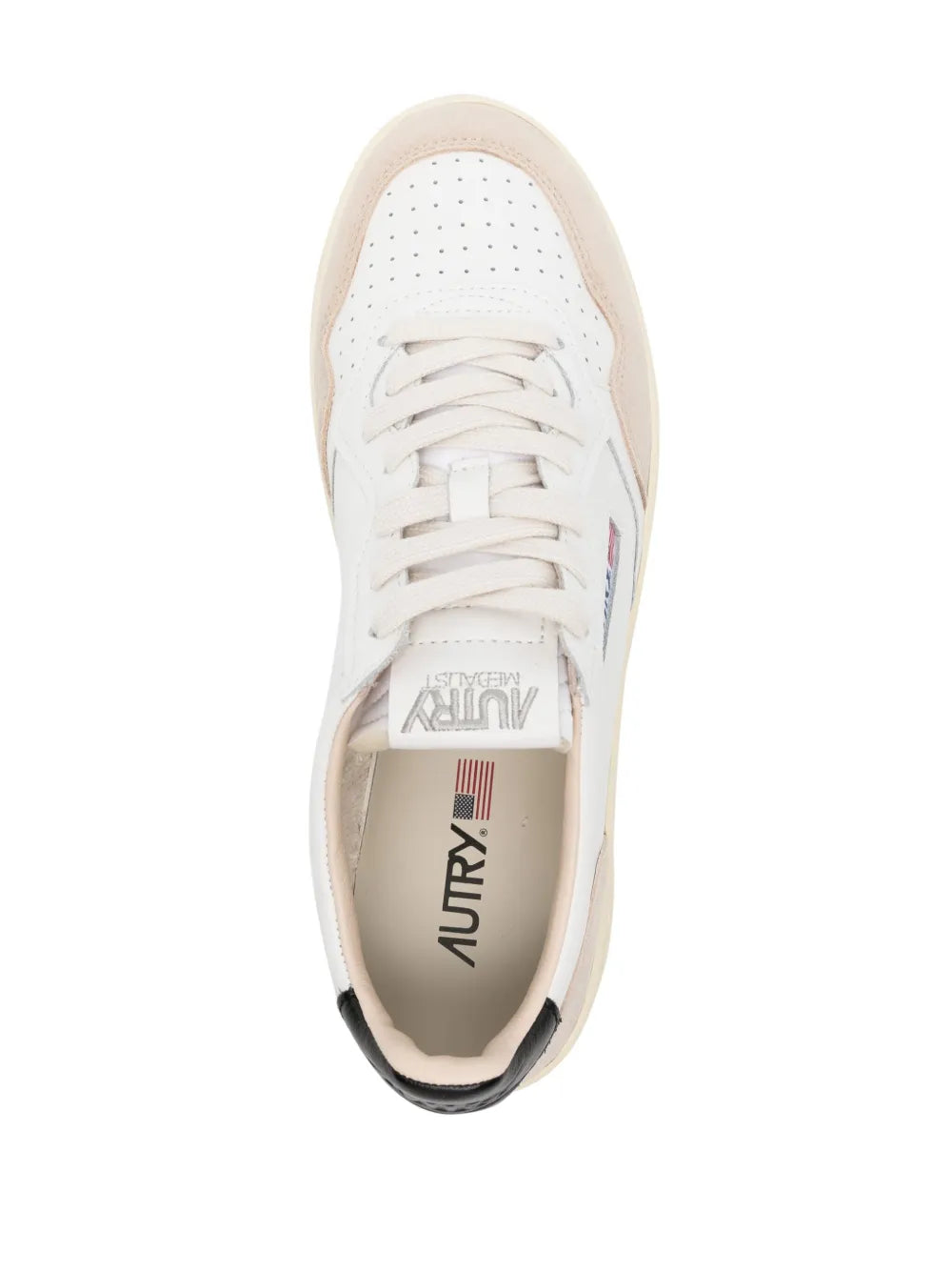 Autry leather low-top sneaker front view, white laces, beige insole with logo