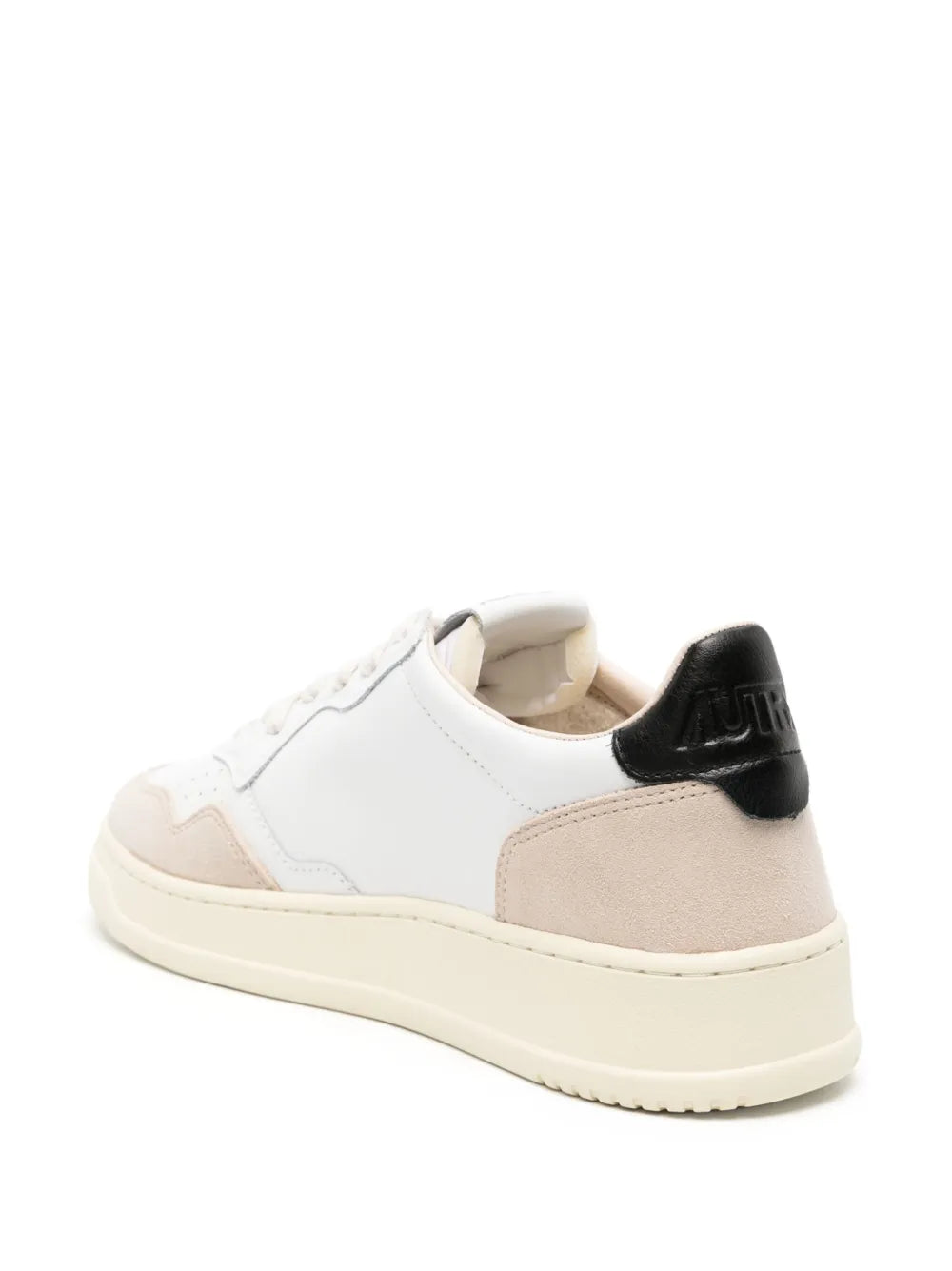 Autry leather low-top sneaker with black heel tab, white upper, beige side panel