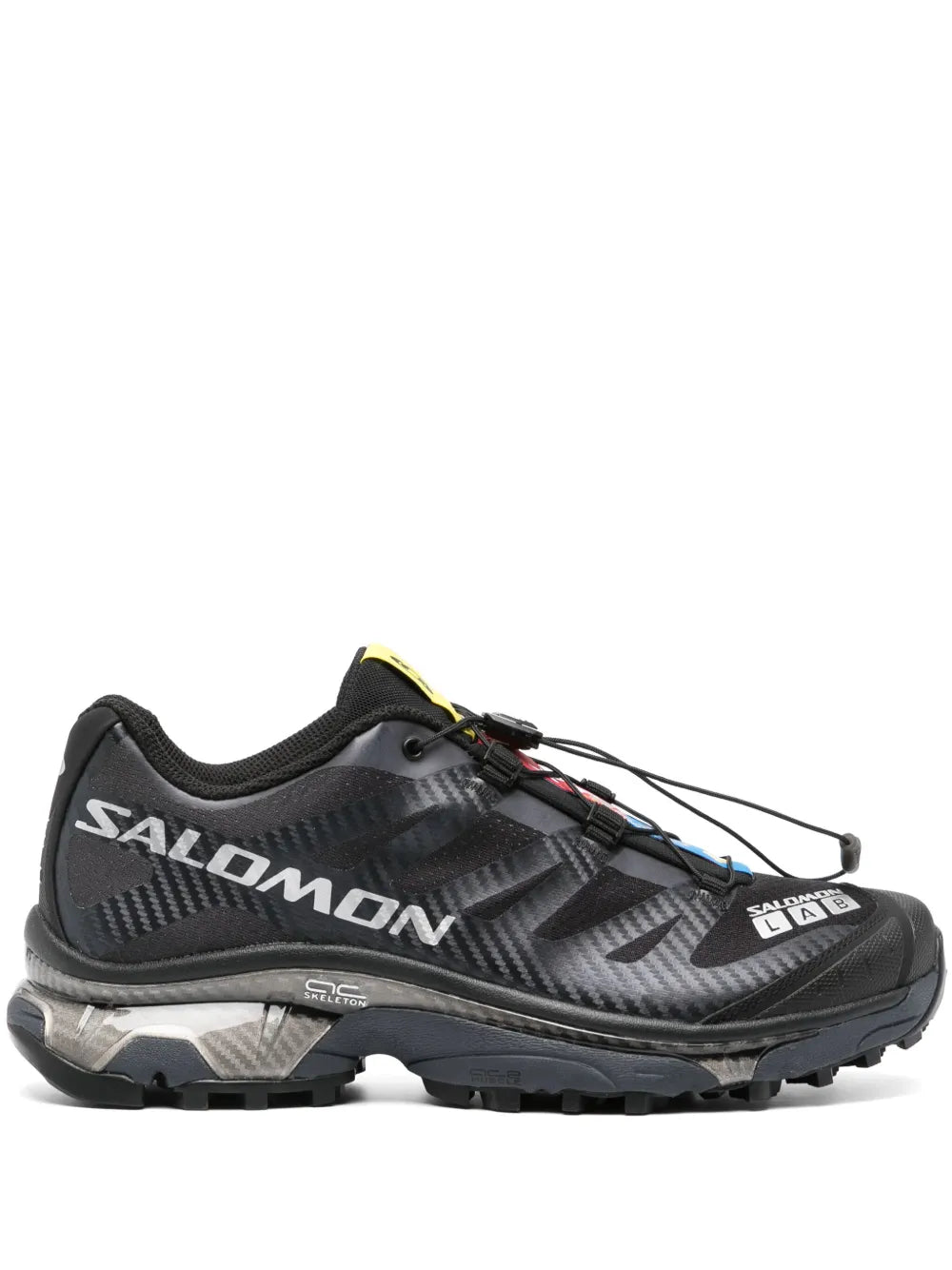 Salomon black trail running shoe, mesh upper, red and blue lace details