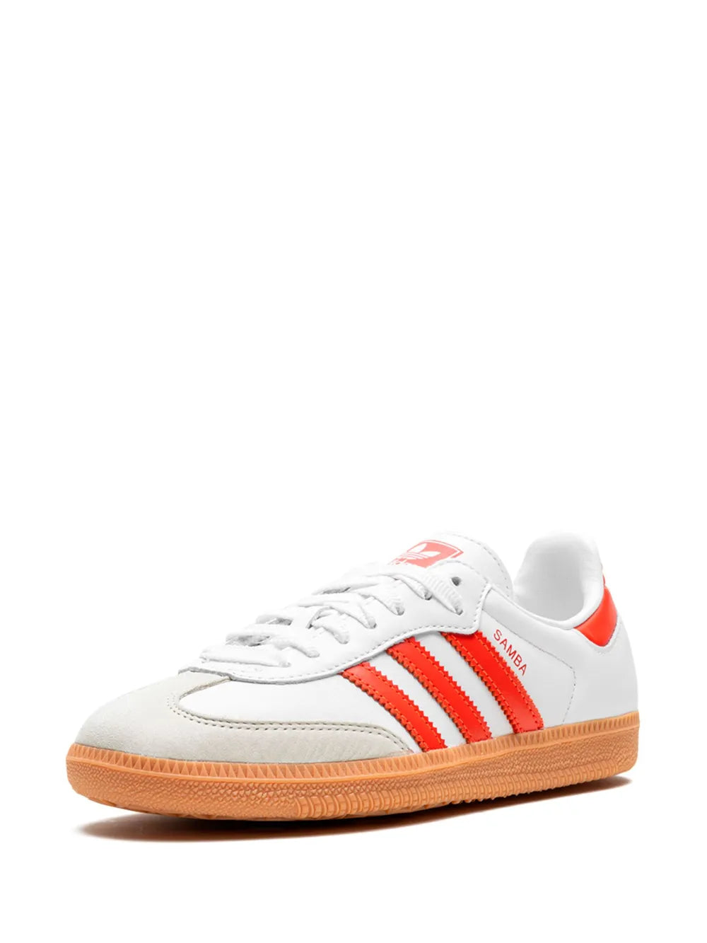 adidas Samba low-top sneakers, white leather with red stripes and tan/gum outsole