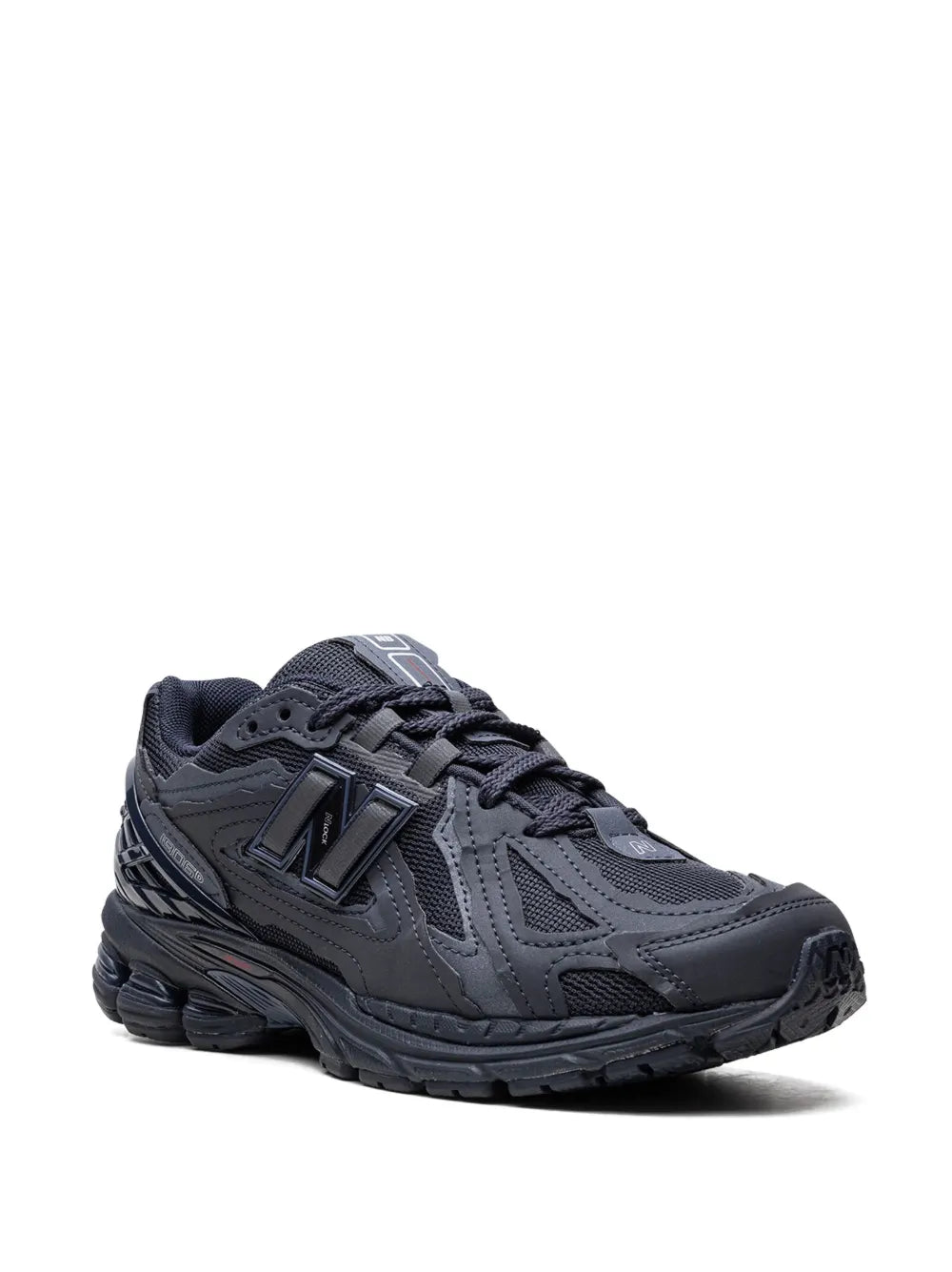 Black lace-up running sneaker with N logo side and chunky treaded sole