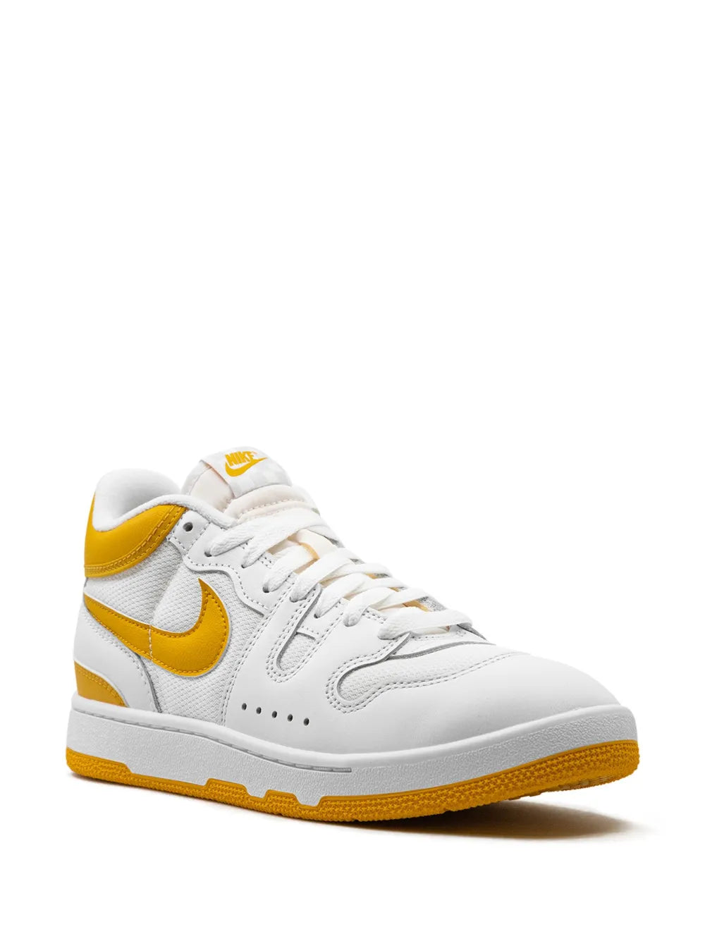 Nike Mac Attack sneakers, front-quarter view in white with yellow accents and gum sole