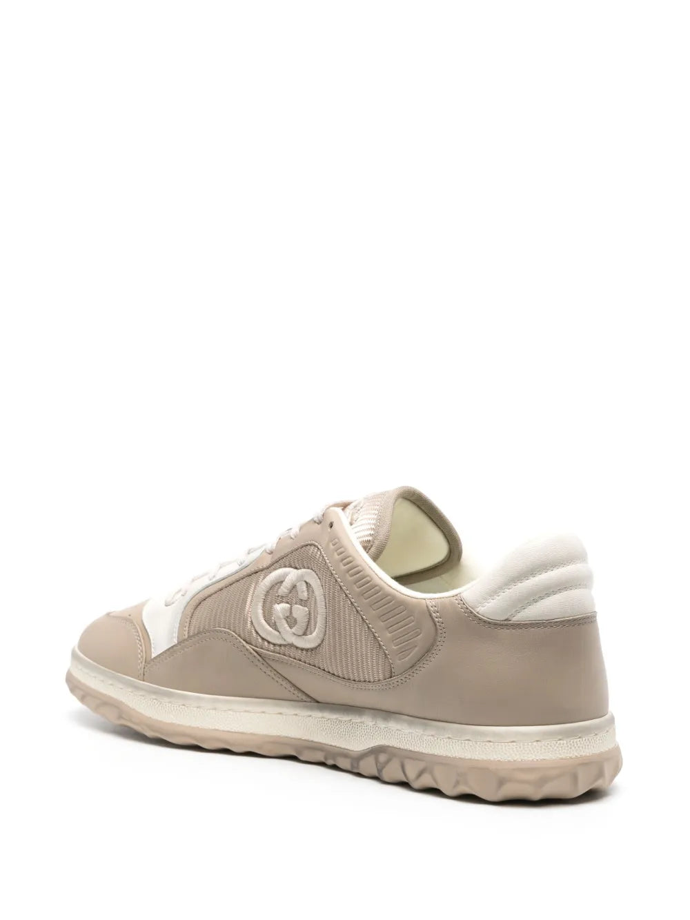 Beige leather low-top sneakers with heel tab, lace-up front, GG logo