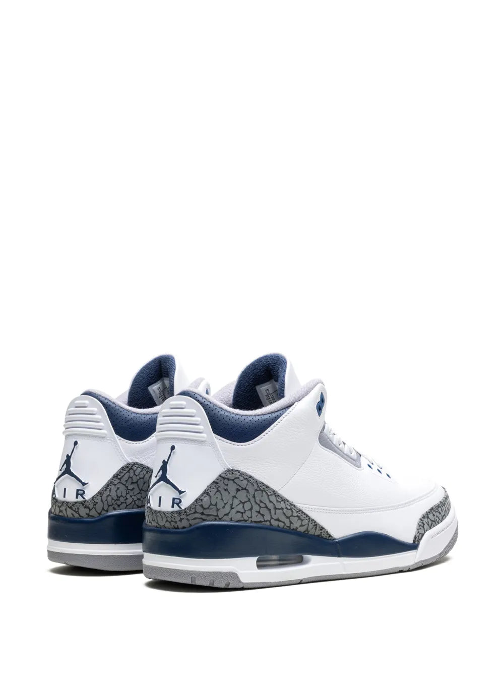 Pair of white and navy Air-cushioned sneakers with gray elephant-print heel panel