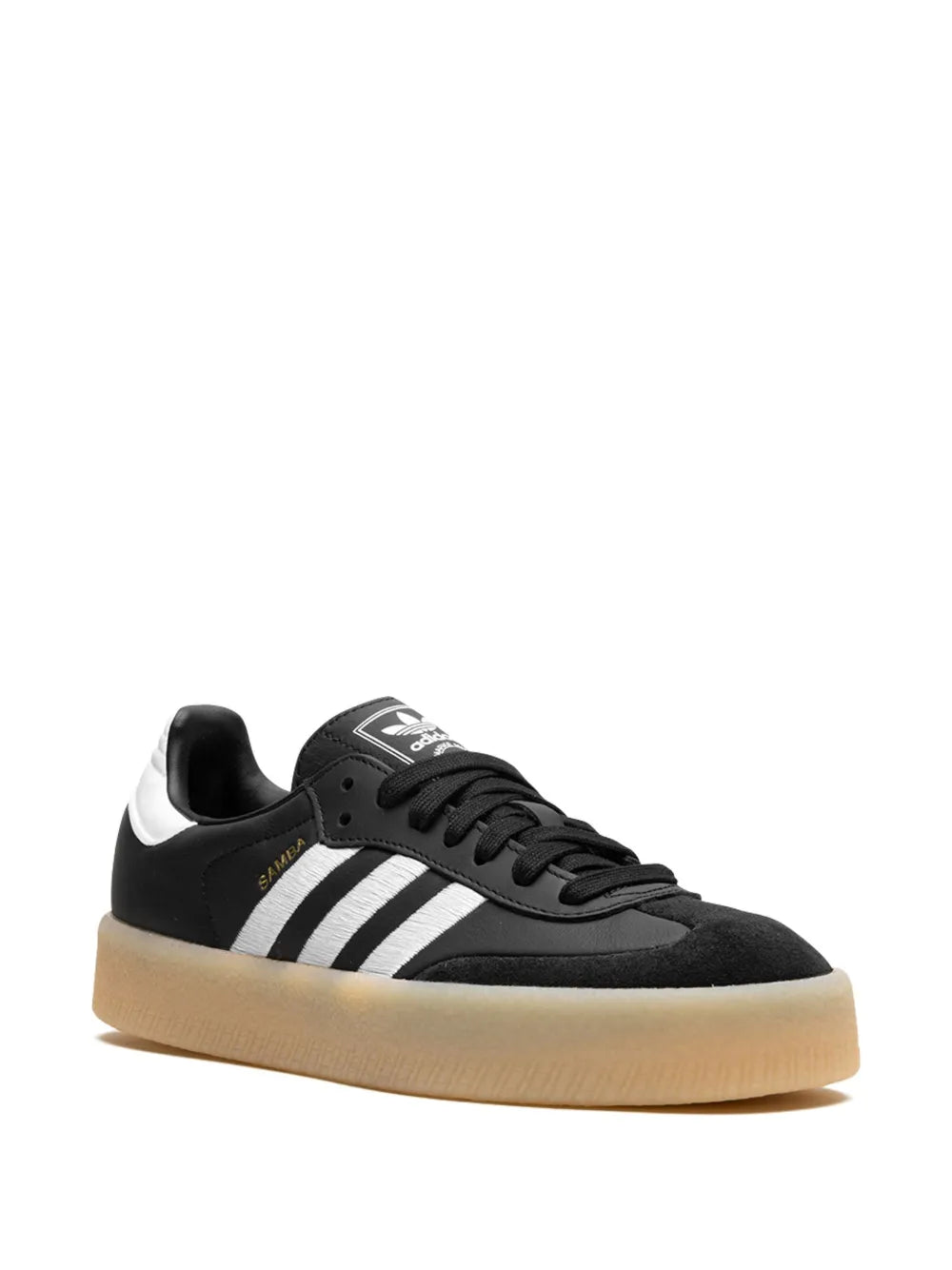 adidas Samba low sneakers, black leather upper with white side stripes and gum sole