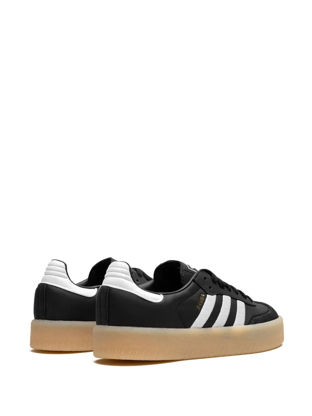 adidas Samba low sneakers, black with white stripes, showing heel and tongue