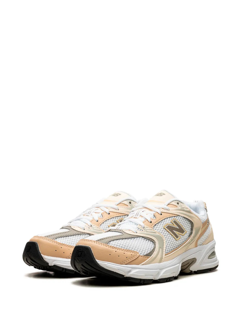 Sneakers in white, tan & gold-tone with New Balance N logo and padded collar