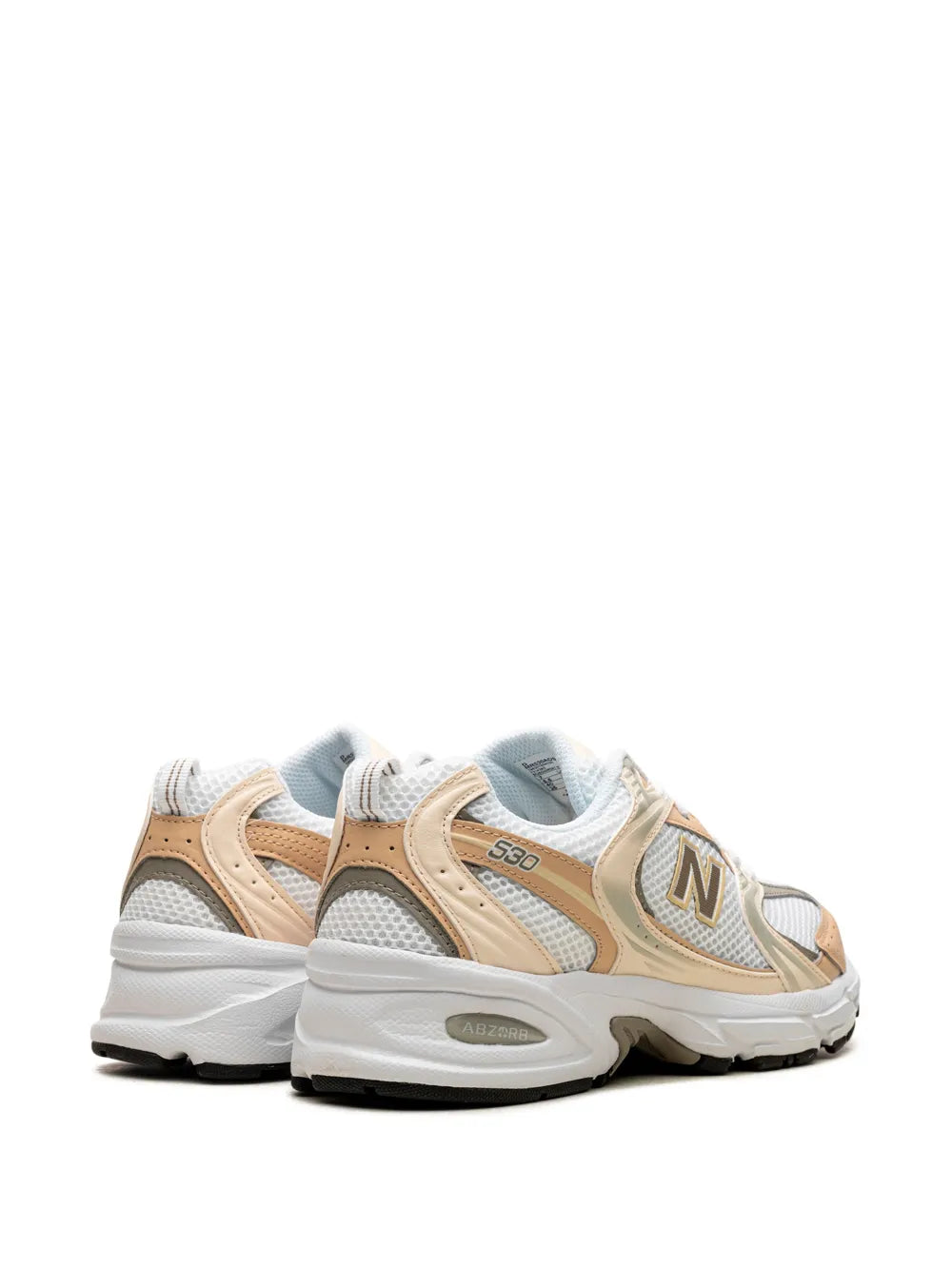 Sneakers in white, tan & gold-tone with New Balance N logo and cushioned heel