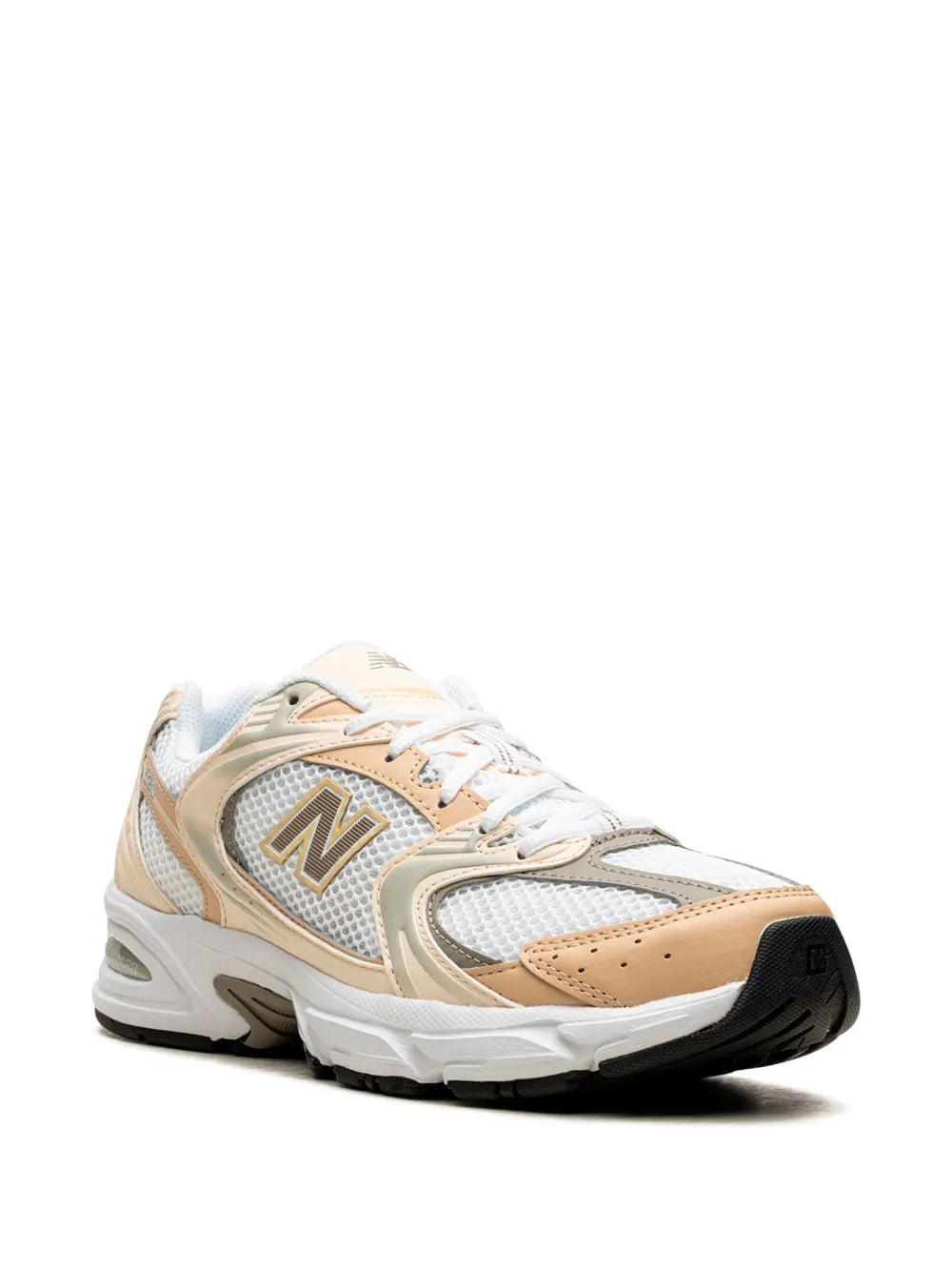 Sneakers in white, tan & gold-tone with New Balance N logo, lace-up mesh upper