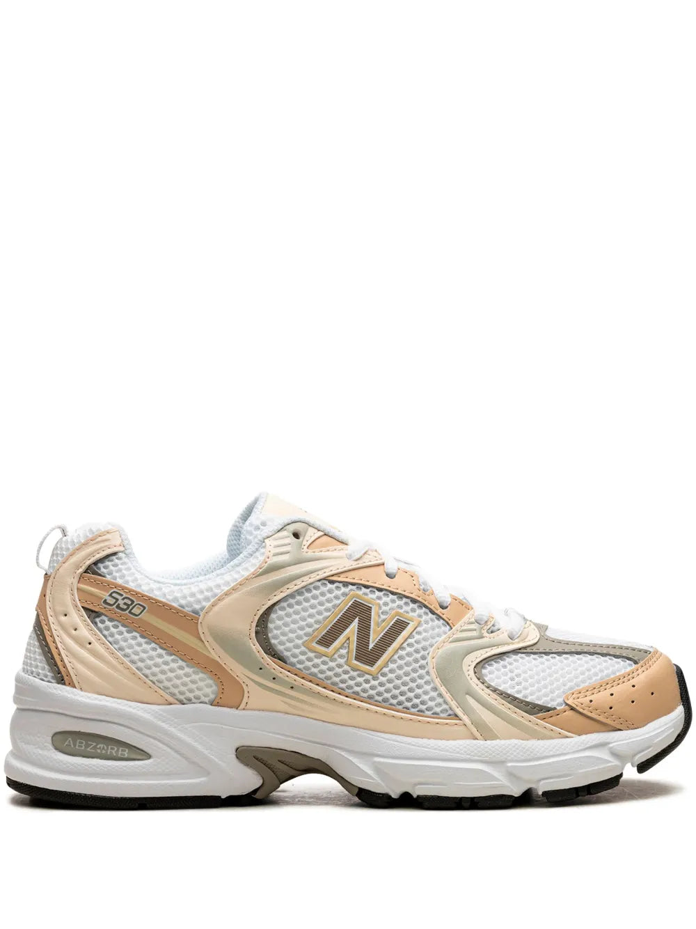 Sneakers in white, tan & gold-tone with New Balance N logo, mesh and suede panels