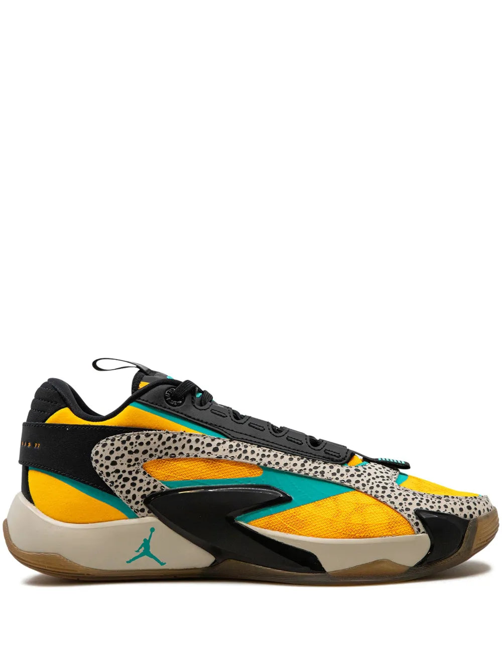 Colorful black, yellow and aqua low-top sneakers with chunky sole and lace-up design.
