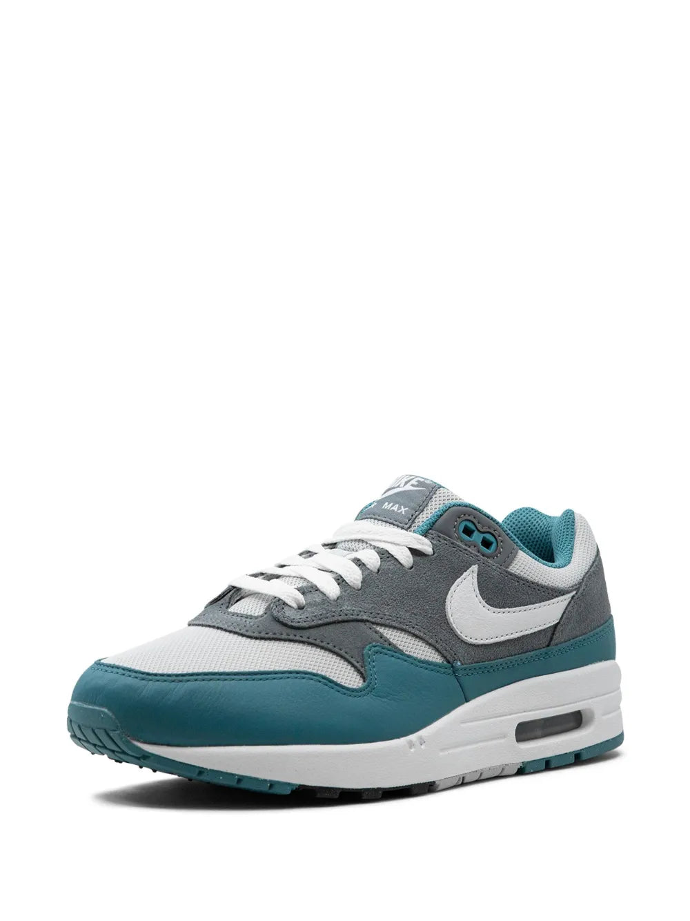 Nike Air Max 1 sneakers, white gray and teal, 3/4 front view with laces