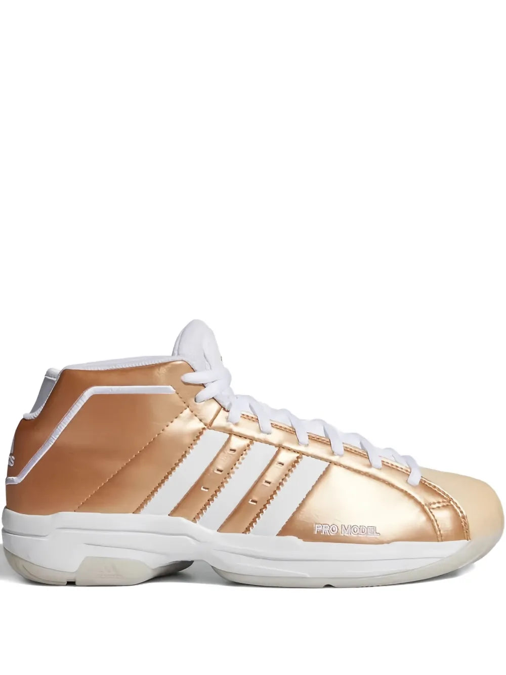 adidas Pro Model 2G high-top sneaker in tan leather with white laces and gold stripes