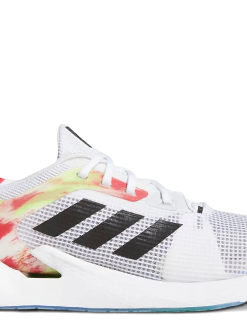 White adidas running shoe with black 3-stripes, side stripe detail, and orange laces