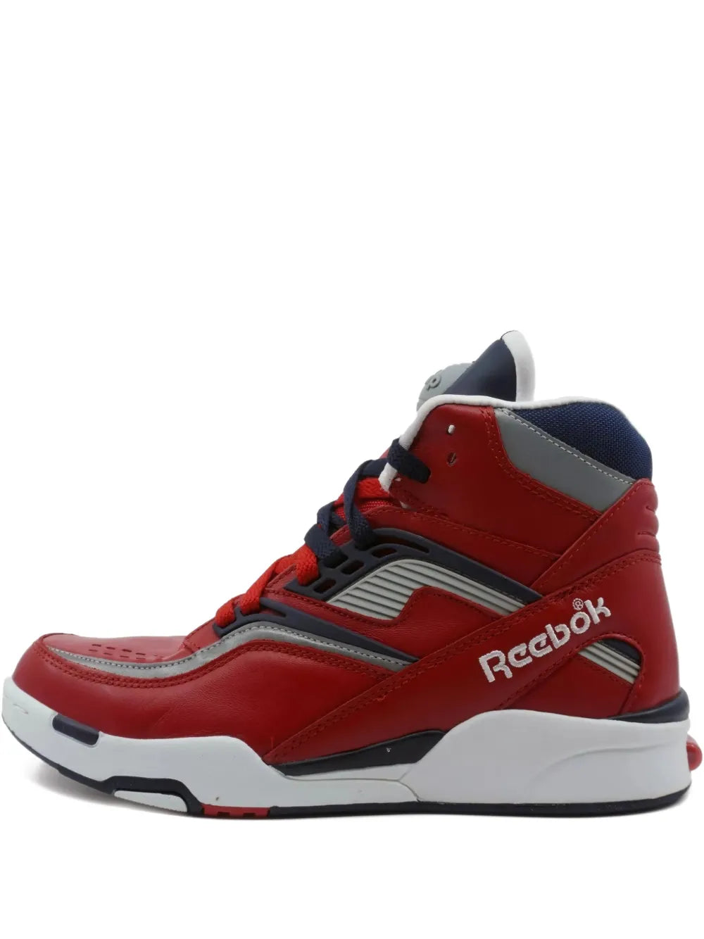 Red high-top Reebok sneaker with gray panels, navy collar, and blue-gray outsole
