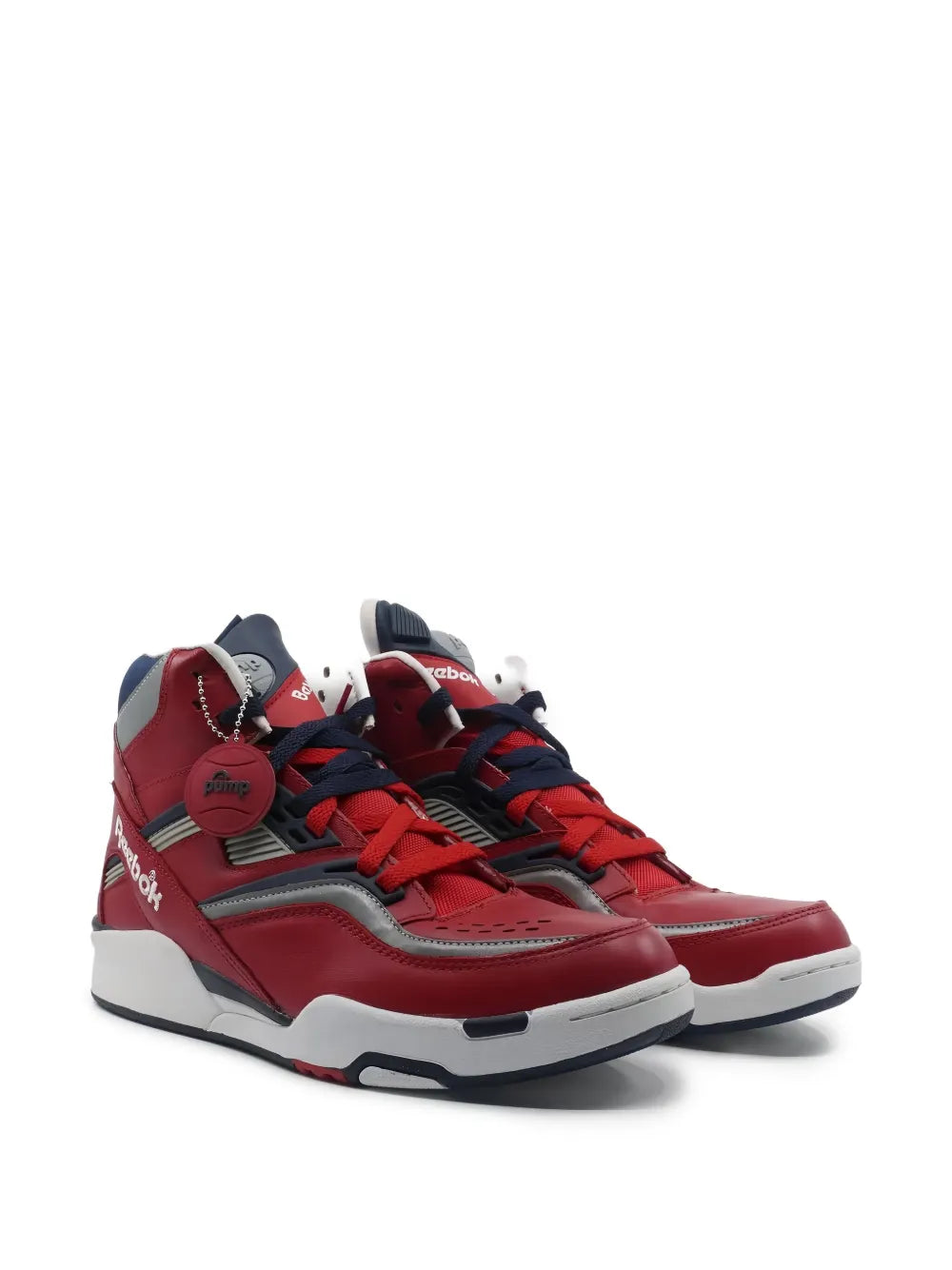 Pair of red high-top Reebok sneakers with gray stripes and navy heel pull