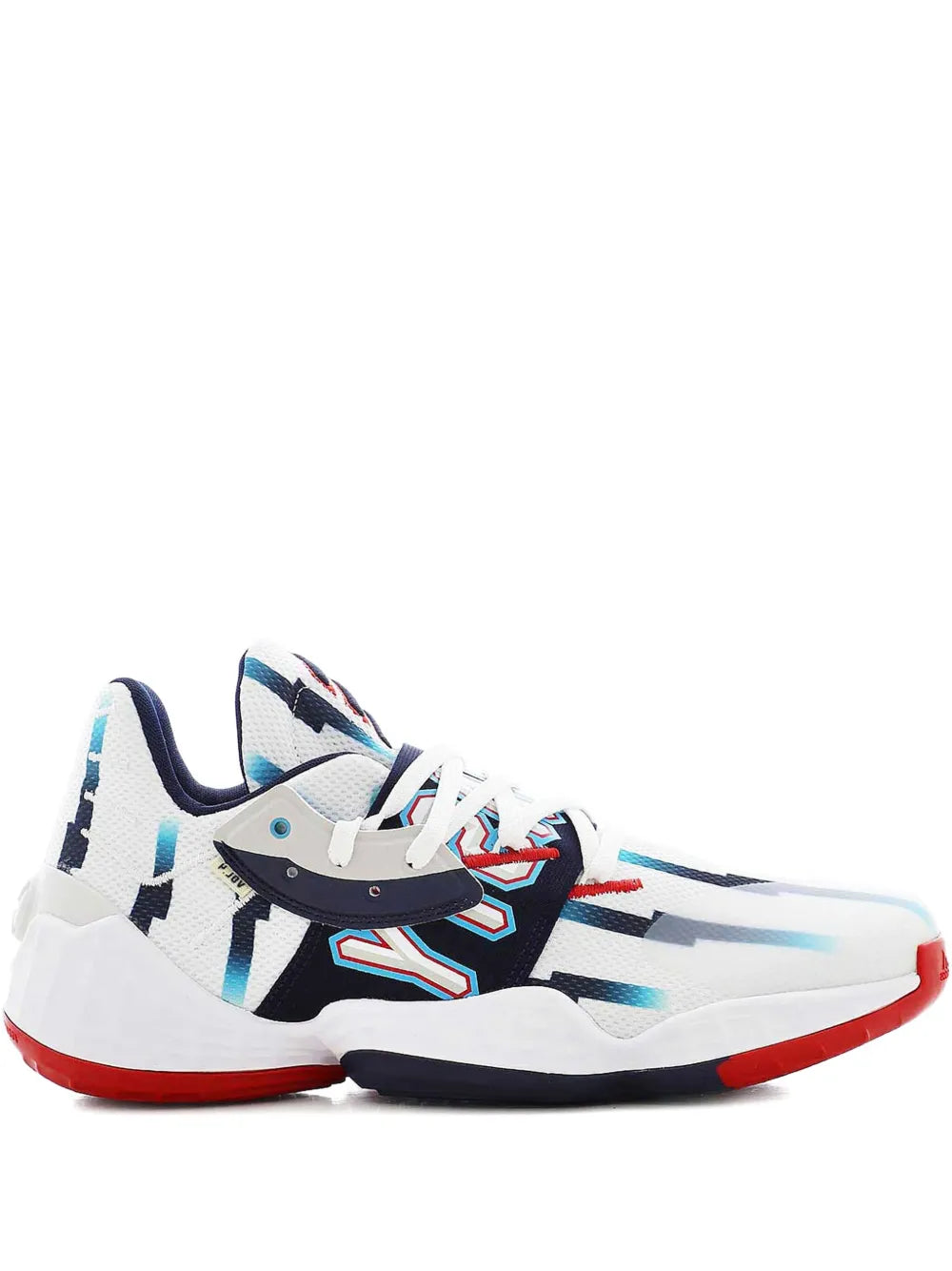 adidas Harden Vol. 4 Gca basketball shoe, white with blue and red accents