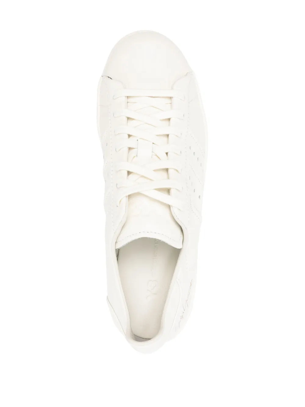 Y-3 Superstar leather sneakers in white, top view showing lace-up panels