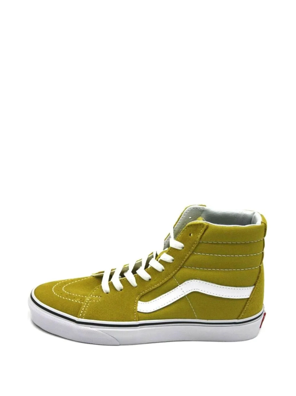 Yellow-green Sk8-style high-top sneaker with white stripe, white sole, lace-up.
