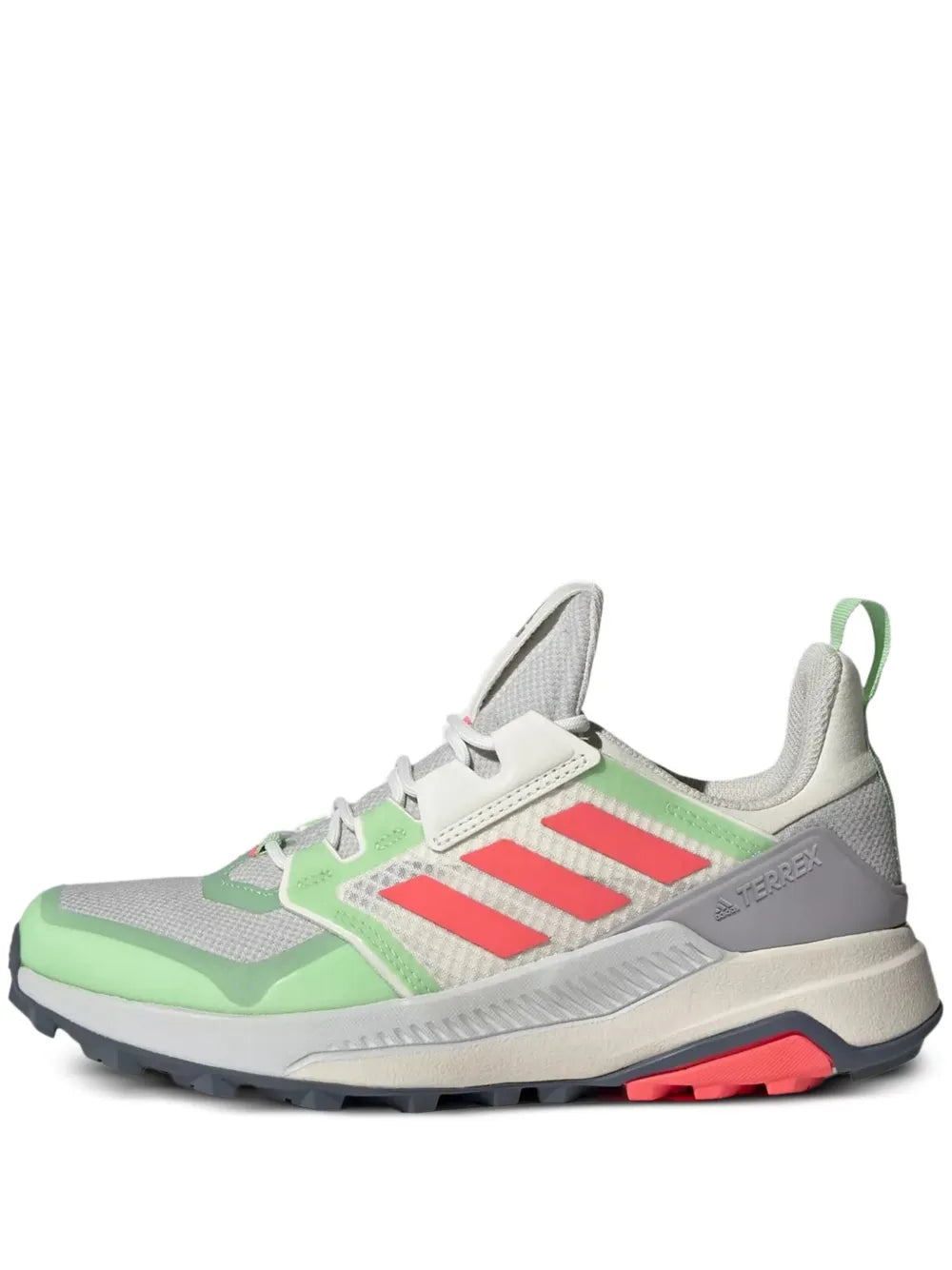 adidas trail running shoe with green and gray upper, red stripes, rugged sole
