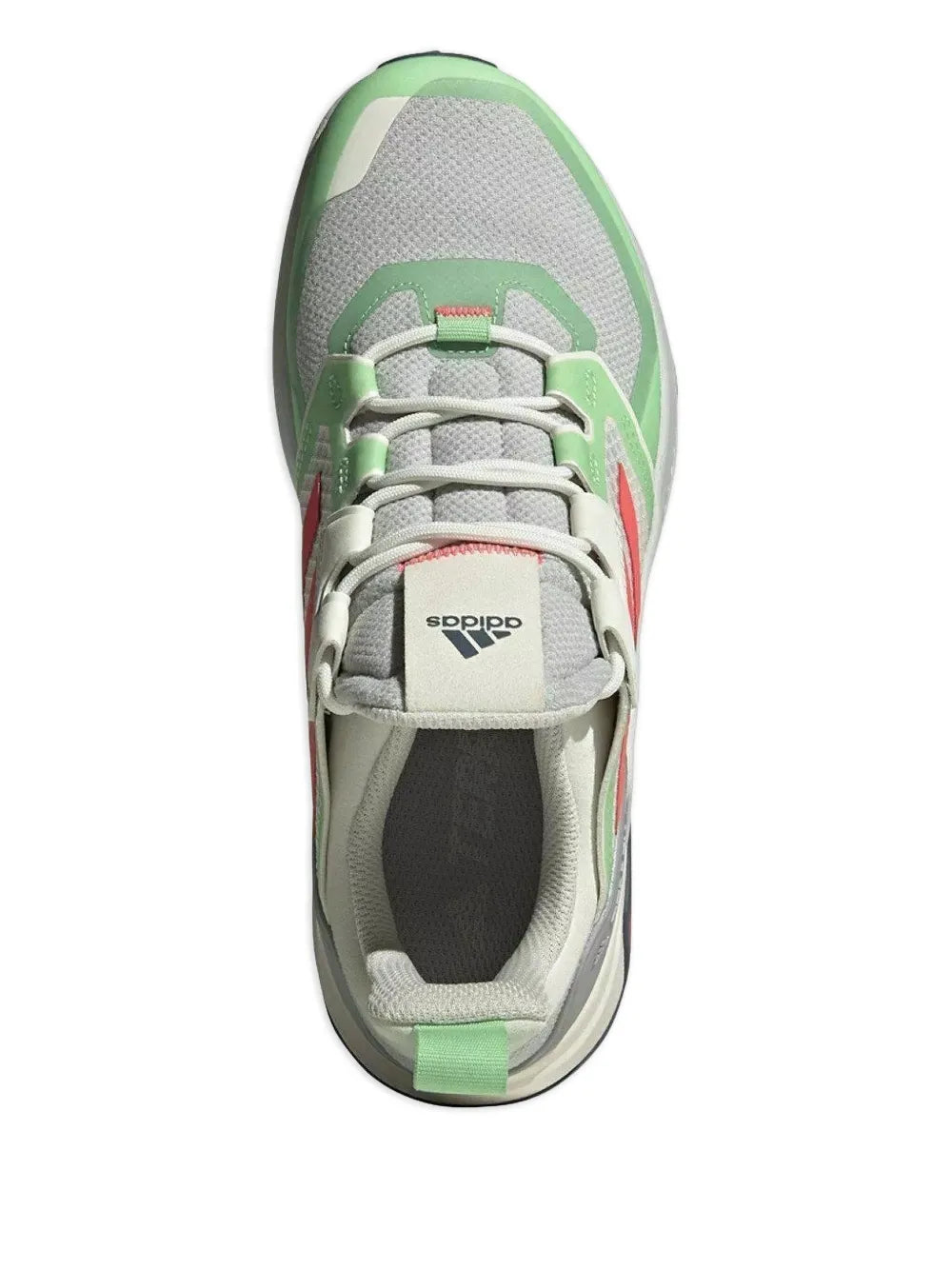 adidas trail running shoe, lace-up gray tongue with green trim and cushioned collar